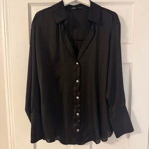 Zara Black Satin Button Down Shirt